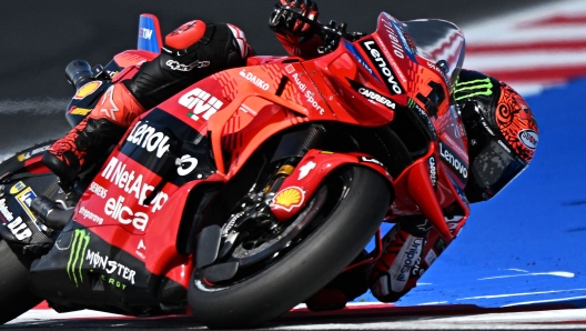 Ducati Italian rider Francesco Bagnaia rides during the first practice session of the San Marino MotoGP Grand Prix at the Misano World Circuit Marco-Simoncelli in Misano Adriatico on September 6, 2024. (Photo by GABRIEL BOUYS / AFP)