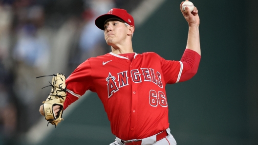 ARLINGTON, TEXAS - SEPTEMBER 06: Samuel Aldegheri #66 of the Los Angeles Angels throws a pitch in the second inning against the Texas Rangers at Globe Life Field on September 06, 2024 in Arlington, Texas.   Tim Heitman/Getty Images/AFP (Photo by Tim Heitman / GETTY IMAGES NORTH AMERICA / Getty Images via AFP)