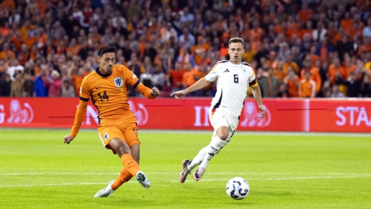 epa11596995 Tijjani Reijnders of Netherlands scores the 1-0 during the UEFA Nations League match between the Netherlands and Germany at the Johan Cruyff ArenA in Amsterdam, Netherlands, 10 September 2024.  EPA/Robin van Lonkhuijsen