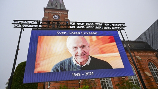 A general view of a screen outside Fryksande Church in Torsby, Sweden, ahead of the funeral for football legend Sven-Goran Eriksson, Friday, Sept. 13, 2024. (Jonas Ekströmer / TT / code 10030/TT News Agency via AP)