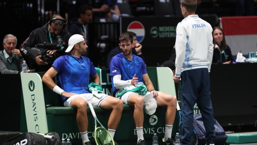 Vavassori and Boloelli during the tennis Davis Cup final 8 double match between Andrea Vavassori and Simone Bolelli (Italy) vs.  Botic Van Zandschulp and Wesley Koolhof (Netherlands) at the Unipol arena, Casalecchio (Bologna), Bologna, northern Italy, Sunday, September 15, 2024. Sport - Tennis - (Photo Michele Nucci - LaPresse)