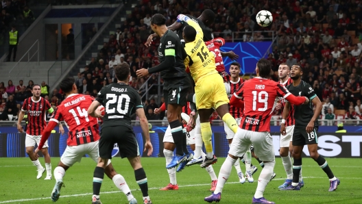 MILAN, ITALY - SEPTEMBER 17: Ibrahima Konate? of Liverpool FC scores his goal during the UEFA Champions League 2024/25 League Phase MD1 match between AC Milan and Liverpool FC at Stadio San Siro on September 17, 2024 in Milan, Italy. (Photo by Marco Luzzani/Getty Images)