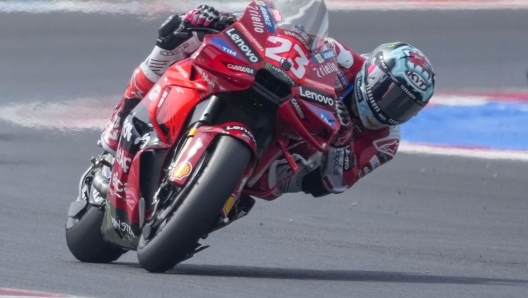 Italian rider Enea Bastianini of the Ducati Lenovo Team steers his motorcycle during the MotoGP race of the Emilia Romagna Motorcycle Grand Prix at the Misano circuit in Misano Adriatico, Italy, Sunday, Sept. 22, 2024. (AP Photo/Gregorio Borgia)