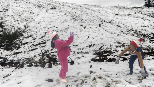 People play in unseasonal snow in Nottingham Road, near Durban, South Africa, Saturday, Sept. 21, 2024. (AP Photo)