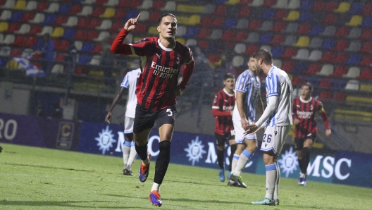 SOLBIATE ARNO, ITALY - SEPTEMBER 26: Demirel Hodzic of Milan Futuro celebrates after scoring the opening goal during the Serie C match between Milan Futuro and Spal at Stadio Felice Chinetti on September 26, 2024 in Solbiate Arno, Italy. (Photo by Giuseppe Cottini/AC Milan via Getty Images)