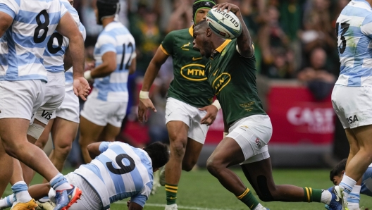 South Africa's Aphelele Fassi, right, celebrates after scoring a try against Argentina during a rugby championship test match at Mbombela stadium in Nelspruit, South Africa, Saturday, Sept. 28, 2024. (AP Photo/Themba Hadebe)