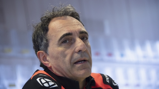 JEREZ DE LA FRONTERA, SPAIN - APRIL 29: Romano Albesiano of Italy and Aprilia Racing Team speaks with journalists in media center during the Jerez MotoGP Official Test on April 29, 2024 in Jerez de la Frontera, Spain. (Photo by Mirco Lazzari gp/Getty Images)