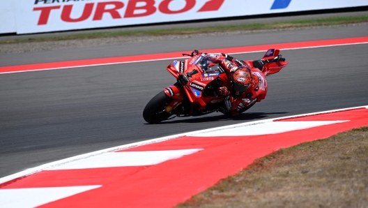 Ducati Lenovo Team's Italian rider Francesco Bagnaia rides during a free practice session for the 2024 MotoGP race at Pertamina Mandalika International Circuit in Mandalika, West Nusa Tenggara on September 27, 2024. (Photo by SONNY TUMBELAKA / AFP)