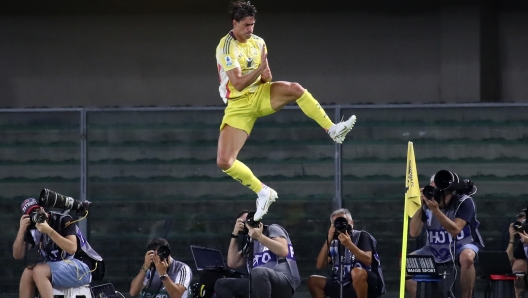 Dusan Vlahovic (9 Juventus FC) celebration goal 0-1  in action  during the  Serie A enilive soccer match between Hellas Verona  and Juventus at the Marcantonio Bentegodi Stadium, north Est Italy - Monday, August  26, 2024. Sport - Soccer (Photo by Paola Garbuio /Lapresse)