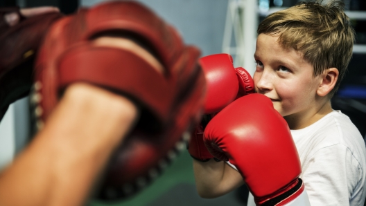 Boy Boxing Training Punch Mitts Exercise Concept