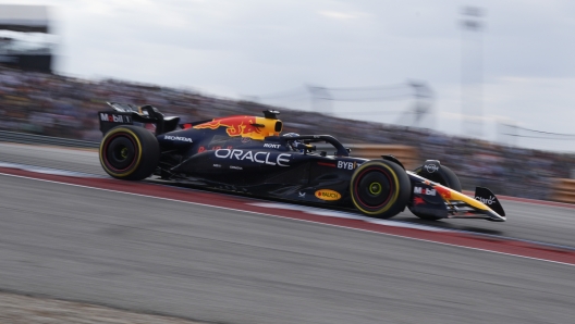 Red Bull driver Max Verstappen, of the Netherlands, steers out of a turn during a sprint qualifying session for the Formula One U.S. Grand Prix auto race at Circuit of the Americas, Friday, Oct. 18, 2024, in Austin, Texas. (AP Photo/Eric Gay)