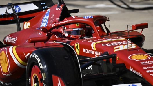 Ferrari driver Charles Leclerc, of Monaco, exits pit row during the F1 U.S. Grand Prix auto race at the Circuit of the Americas, Sunday, Oct. 20, 2024, in Austin, Texas. (Patrick Fallon/Pool Photo via AP)