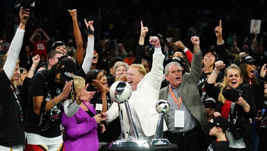 FILE - The Las Vegas Aces celebrate after Game 4 of a WNBA basketball final playoff series against the New York Liberty, Oct. 18, 2023, in New York. (AP Photo/Frank Franklin II, File)