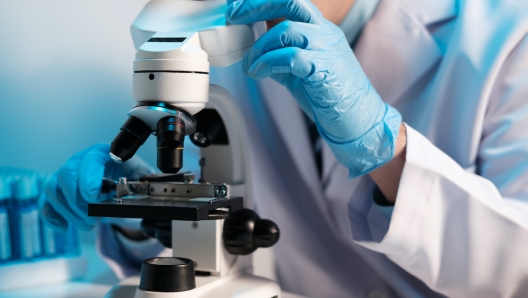 male medical scientist examining specimen using microscope in modern laboratory.