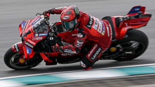 Ducati Lenovo Team's Italian rider Francesco Bagnaia rides during the first free practice of the MotoGP Malaysian Grand Prix at the Sepang International Circuit in Sepang on November 1, 2024. (Photo by Lillian SUWANRUMPHA / AFP)