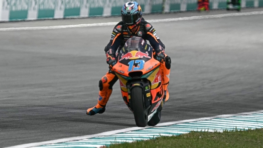 Red Bull KTM Ajo's Italian rider Celestino Vietti leads during the Moto2 race of the MotoGP Malaysian Grand Prix at the Sepang International Circuit in Sepang on November 3, 2024. (Photo by Lillian SUWANRUMPHA / AFP)