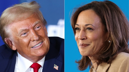 (COMBO) This combination of pictures created on November 03, 2024 shows former US President and Republican presidential candidate Donald Trump (L) takes part in a roundtable discussion hosted by Building Americas Future in Drexel Hill, Pennsylvania, on October 29, 2024, and US Vice President and Democratic presidential candidate Kamala Harris (R) speaks during a campaign rally in Charlotte, North Carolina, on November 2, 2024. (Photo by Charly TRIBALLEAU / AFP)