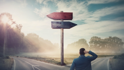 Rear businessman in front of crossroad and signpost arrows shows two different courses, left and right direction to choose. Road splits in distinct direction ways. Difficult decision, choice concept.