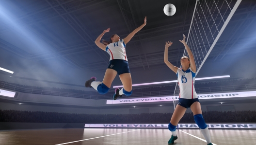 Female professional volleyball players in action on 3d stadium.