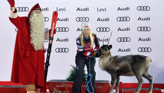 LEVI, FINLAND - NOVEMBER 12: Mikaela Shiffrin of Team United States takes 1st place during the Audi FIS Alpine Ski World Cup Women's Slalom on November 12, 2023 in Levi, Finland. (Photo by Christophe Pallot/Agence Zoom/Getty Images)