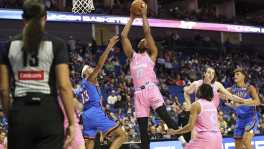 New Zealand Breakers center Freddie Gillespie (33) grabs a rebound against the Oklahoma City Thunder in the second half of an NBA preseason basketball game in Tulsa, Okla., Thursday, Oct. 10, 2024. (AP Photo/Joey Johnson)