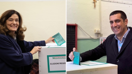 Elena Ugolini (S) e Michele De Pascale (D), due candidati principali alle regionali in Emilia-Romagna, durante il voto, 17 novembre 2024. ANSA/ MAX CAVALLARI- FABRIZIO ZANI