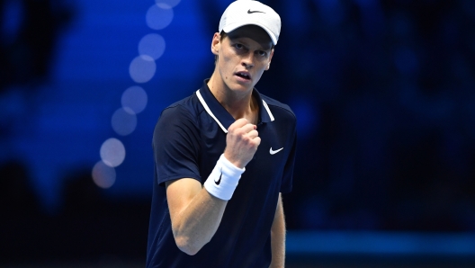 TURIN, ITALY - NOVEMBER 14: Jannik Sinner of Italy celebrates break point against Daniil Medvedev in the Men?s Singles Ilie Nastase Group stage match  during day five of the Nitto ATP finals 2024 at Inalpi Arena on November 14, 2024 in Turin, Italy. (Photo by Valerio Pennicino/Getty Images)