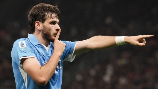 Napoli's Khvicha Kvaratskhelia celebrates after scoring the 0-2 goal for his team during the Serie A Enilive 2024/2025 match between Milan and Napoli at the San Siro Stadium in Milan, North Italy - Sport, Soccer Tuesday October 29, 2024 (Photo by Massimo Paolone/LaPresse)