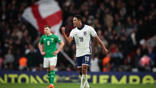 LONDON, ENGLAND - NOVEMBER 17:  Jude Bellingham of England celebrates his side's fifth goal scored by Taylor Harwood-Bellis of England (not pictured) during the UEFA Nations League 2024/25 League B Group B2 match between England and Republic of Ireland at Wembley Stadium on November 17, 2024 in London, England. (Photo by Ryan Pierse/Getty Images)