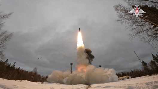 In this photo taken from video released by Russian Defense Ministry Press Service on Friday, March 1, 2024, a Yars intercontinental ballistic missile is test-fired from the Plesetsk launch pad in northwestern Russia. The Russian Defense Ministry said that the missile's practice warheads hit the designated practice targets on the Kura testing range on the Kamchatka Peninsula in Russia's Far East. (Russian Defense Ministry Press Service via AP)