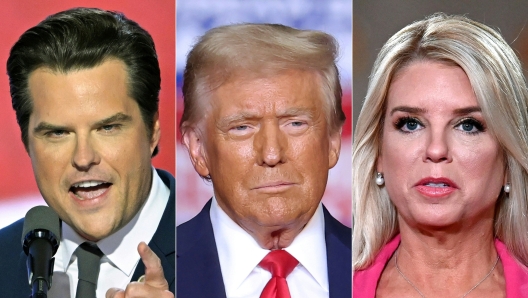 (COMBO) This combination of pictures created on November 21, 2024 shows US Representative Matt Gaetz (L), Republican of Florida, on July 17, 2024, former US President and Republican presidential candidate Donald Trump (C) on November 4, 2024, and former Florida Attorney General Pam Bondi (R) on August 25, 2020.. US President-elect Donald Trump tapped Pam Bondi, a staunch ally who helped defend the ex-leader against impeachment and joined lawyers who sought to overturn President Joe Biden's election, as US attorney general on November 21, 2024, following US politician Matt Gaetz's withdrawal from consideration. (Photo by AFP)