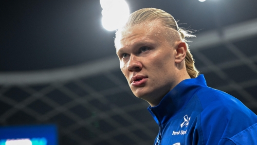 Norway's forward #09 Erling Braut Haaland looks on ahead of the UEFA Nations League, League B, Group 3 football match between Slovenia and Norway, at the Stozice Stadium in Ljubljana, on November 14, 2024. (Photo by Jure Makovec / AFP)