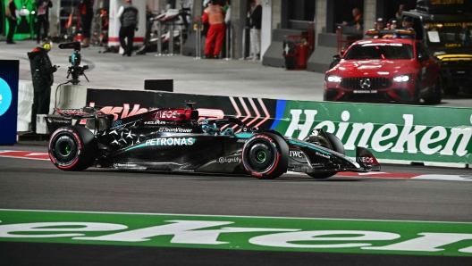 Mercedes' British driver George Russell races during the third practice session for the Las Vegas Formula One Grand Prix in Las Vegas, Nevada on November 22, 2024. (Photo by Frederic J. Brown / AFP)