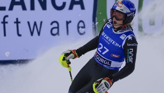 Albania's Lara Colturi celebrates at the finish area of an alpine ski, women's World Cup slalom, in Gurgl, Austria, Saturday, Nov. 23, 2024. (AP Photo/Giovanni Maria Pizzato)