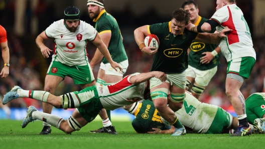 South Africa's number 8 Jasper Wiese (C) is tackles had during the Autumn Nations Series International rugby union test match between Wales and South Africa at the Principality Stadium, in Cardiff on November 23, 2024. (Photo by Adrian Dennis / AFP) / RESTRICTED TO EDITORIAL USE -use in books subject to Welsh Rugby Union (WRU) approval