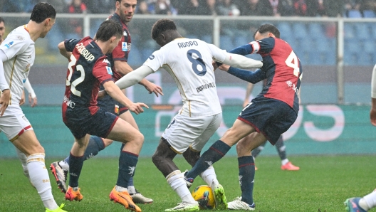 Genoa?s Milan Badelj and Genoa?s Morten Frendrup fights for the ball with Cagliari's Michel Adopo during the Serie A soccer match between Genoa and Cagliari at the Luigi Ferraris Stadium in Genoa, Italy - Sunday, November 24, 2024. Sport - Soccer . (Photo by Tano Pecoraro/Lapresse)