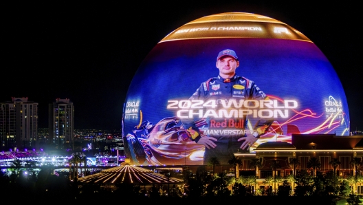 Red Bull driver Max Verstappen, of the Netherlands, has his image displayed on the Sphere after winning the Formula 1 championship after the F1 Las Vegas Grand Prix auto race, Saturday, Nov. 23, 2024, in Las Vegas. (AP Photo/Ty ONeil)