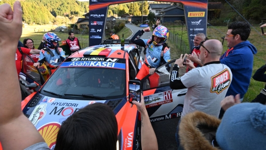 TOYOTA, JAPAN - NOVEMBER 24: Thierry Neuville of Belgium and Martijn Wydaeghe of Belgium pose with their Hyundai Shell Mobis WRT Hyundai i20 N Rally1 during Day Four of the FIA World Rally Championship Japan on November 24, 2024 in Toyota, Japan.  (Photo by Massimo Bettiol/Getty Images)