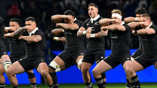 TURIN, ITALY - NOVEMBER 23: Team New Zealand perform the Haka prior to the Autumn Nations Series 2024 match between Italy and New Zealand at the Allianz Stadium on November 23, 2024 in Turin, Italy.  (Photo by Chris Ricco/Getty Images)