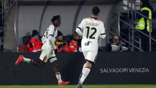 Lecce’s Patrick Dorgu celebration goal 0-1   during the  Serie A enilive soccer match between Venezia and Lecce at the  Pier Luigi Penzo Stadium, north Est Italy -Monday, November 25, 2024. Sport - Soccer (Photo by Paola Garbuio /Lapresse)