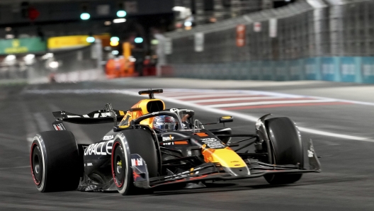 Red Bull driver Max Verstappen, of the Netherlands, races during the F1 Las Vegas Grand Prix auto race, Saturday, Nov. 23, 2024, in Las Vegas. (AP Photo/Matt York)