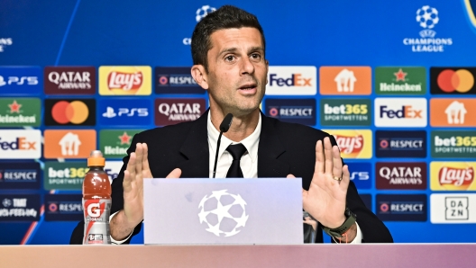 LEIPZIG, GERMANY - OCTOBER 01: Thiago Motta of Juventus during the UEFA Champions League 2024/25 League Phase MD2 training and press conference at Leipzig Stadium on October 01, 2024 in Leipzig, Germany. (Photo by Diego Puletto/Juventus/Juventus FC via Getty Images)