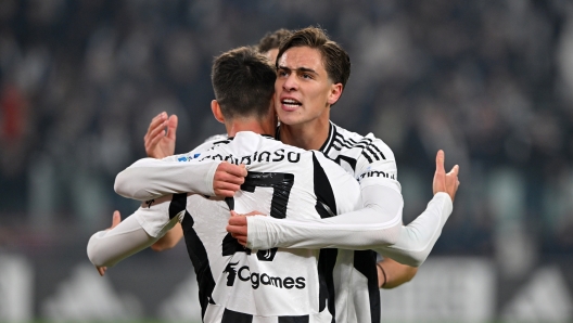 TURIN, ITALY - NOVEMBER 09: Kenan Yildiz of Juventus elebrating with Andrea Cambiaso who gave the assist for Timothy Weah goal during the Serie A match between Juventus and Torino at Juventus Stadium on November 09, 2024 in Turin, Italy. (Photo by Chris Ricco - Juventus FC/Juventus FC via Getty Images)