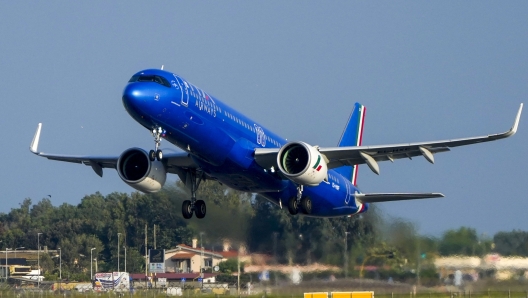 The ITA Airways ITY4000 papal plane with Pope Francis and bound to Luxembourg, where the pope will start his four-day visit to Luxembourg and Belgium, takes off from the Fiumicino International airport Leonardo da Vinci, some 30 kilometers south-west of Rome, Thursday, Sept. 26, 2024. (AP Photo/Gregorio Borgia)