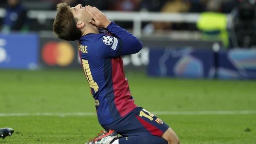 Barcelona's Pablo Torre reacts during a Champions League phase soccer Matchday 5 between Barcelona and Brest at the Lluis Companys Olympic Stadium in Barcelona, Spain, Tuesday, Nov. 26, 2024. (AP Photo/Joan Monfort)