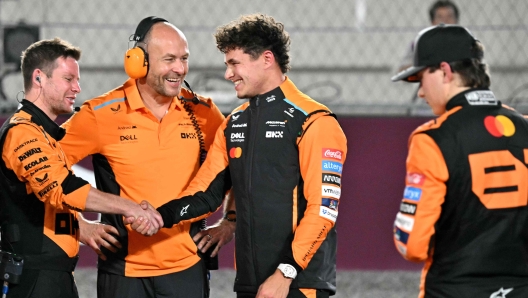 McLaren's British driver Lando Norris (C) is congratulated by his team as McLaren's Australian driver Oscar Piastri (R) walks after the sprint race ahead of the Qatari Formula One Grand Prix at the Lusail International Circuit in Lusail, north of Doha, on November 30, 2024. (Photo by Andrej ISAKOVIC / AFP)