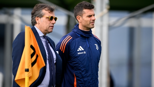 TURIN, ITALY - OCTOBER 21: Cristiano Giuntoli, Thiago Motta of Juventus during the UEFA Champions League 2024/25 League Phase MD3 training and press conference at Juventus Stadium on October 21, 2024 in Turin, Italy. (Photo by Daniele Badolato - Juventus FC/Juventus FC via Getty Images)