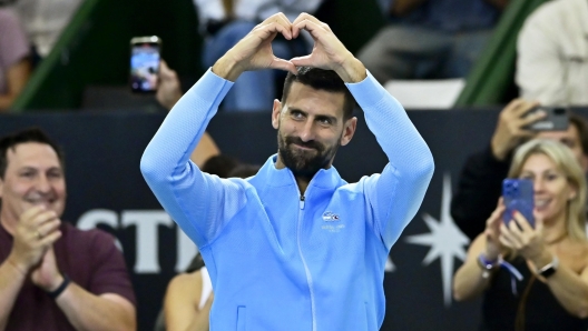 epa11752715 Novak Djokovic of Serbia reacts during an exhibition match against Argentina's Juan MartÃ­n del Potro in Buenos Aires, Argentina, 01 December 2024. At 36 years old, Del Potro had his grand farewell celebration from tennis with Djokovic as special guest in an emotional exhibition match attended by around 15,000 spectators.  EPA/MATIAS MARTIN CAMPAYA