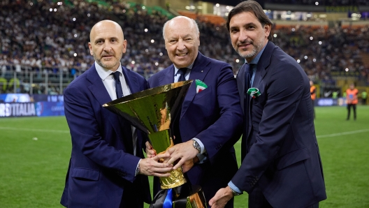 MILAN, ITALY - MAY 19: Piero Ausilio, Giuseppe Marotta and Dario Baccin during the Serie A TIM match between FC Internazionale and SS Lazio at Stadio Giuseppe Meazza on May 19, 2024 in Milan, Italy. (Photo by Francesco Scaccianoce - Inter/Inter via Getty Images)