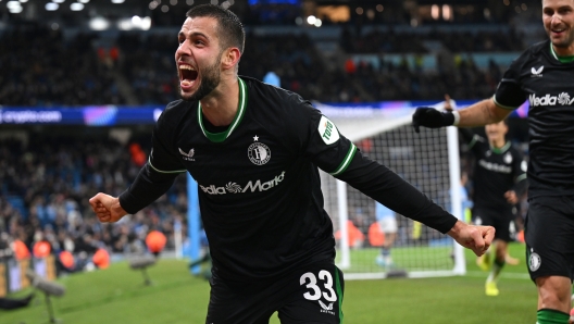 MANCHESTER, ENGLAND - NOVEMBER 26: David Hancko of Feyenoord celebrates scoring his team's third goal during the UEFA Champions League 2024/25 League Phase MD5 match between Manchester City and Feyenoord at City of Manchester Stadium on November 26, 2024 in Manchester, England. (Photo by Michael Regan/Getty Images)